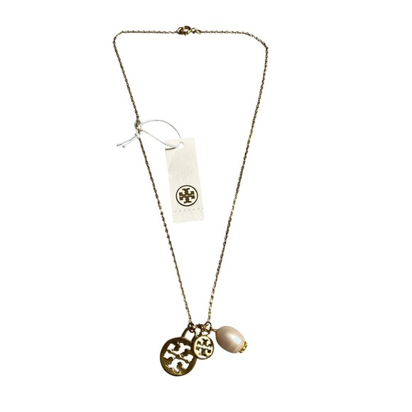 Tory Burch Logo Pearl Charm Necklace Gold Tone Double T Pendant New With Tags